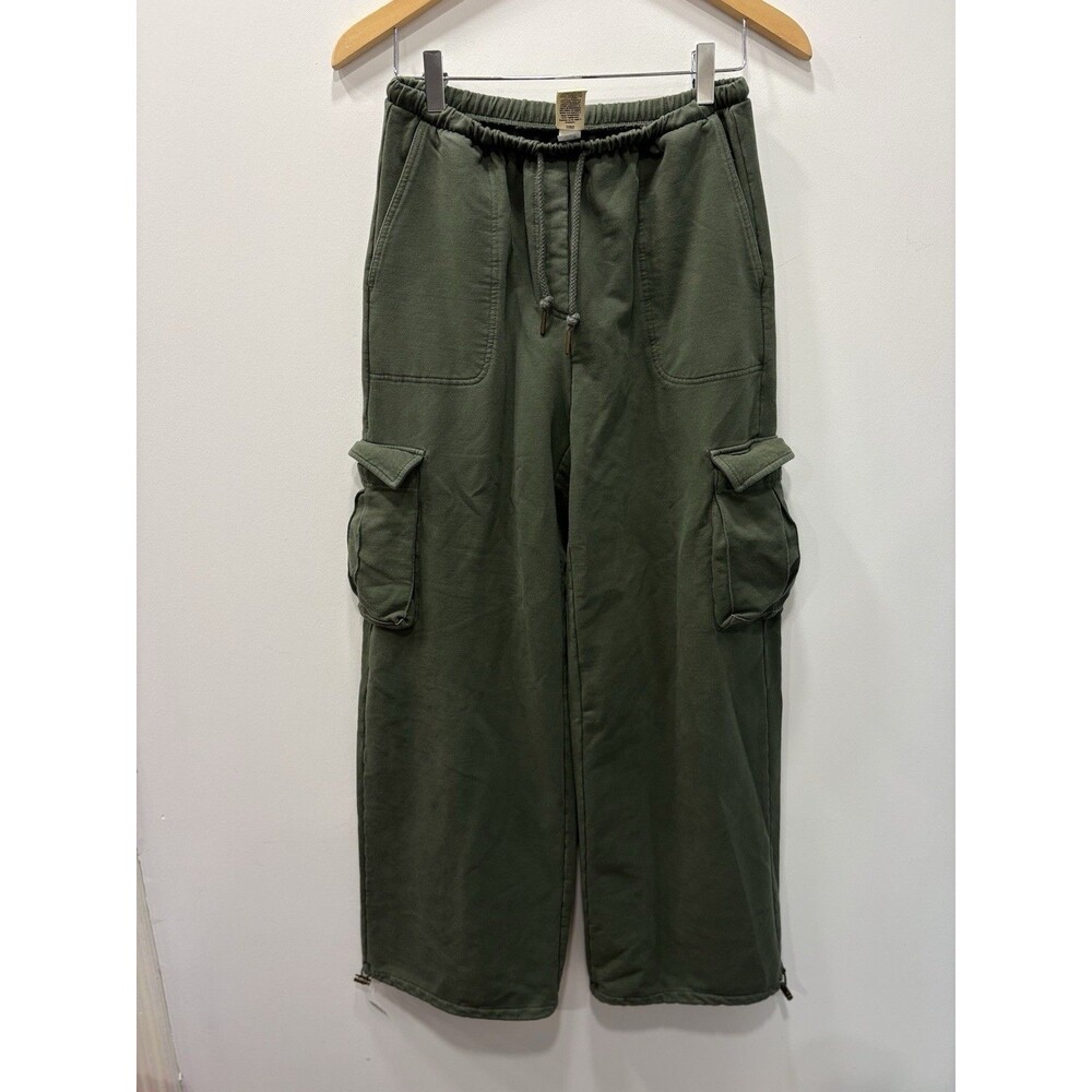 Open Edit XS Oliv Cargo Sweatpants Wide Leg Drawstring Cinch Hem Utility Joggers